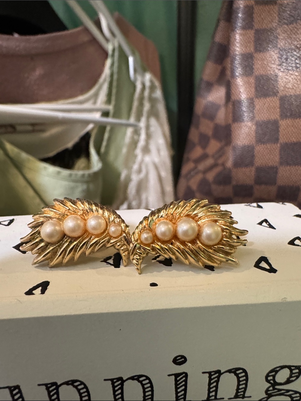 Trifari Gold-Tone Leaf Clip Earrings with Pearl Accents